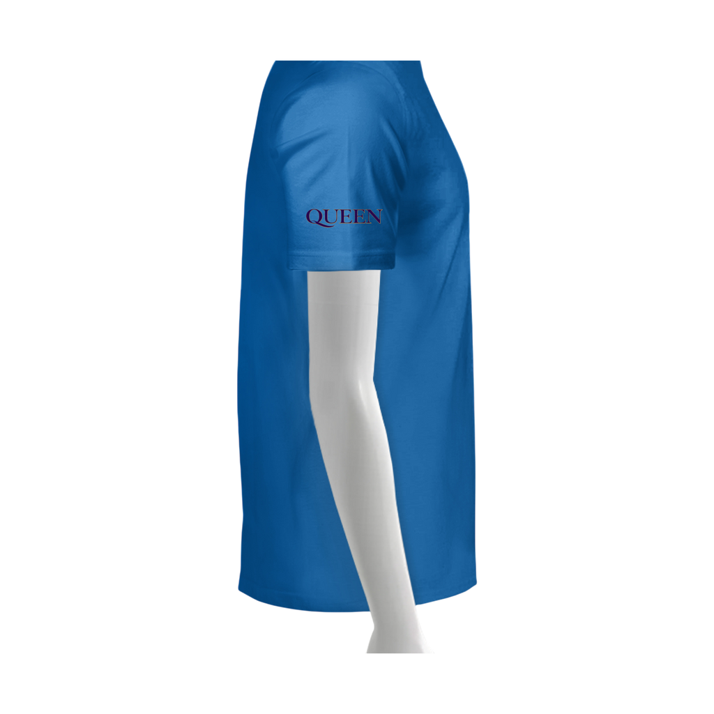 Blue t-shirt with 'QUEEN' text on a white background