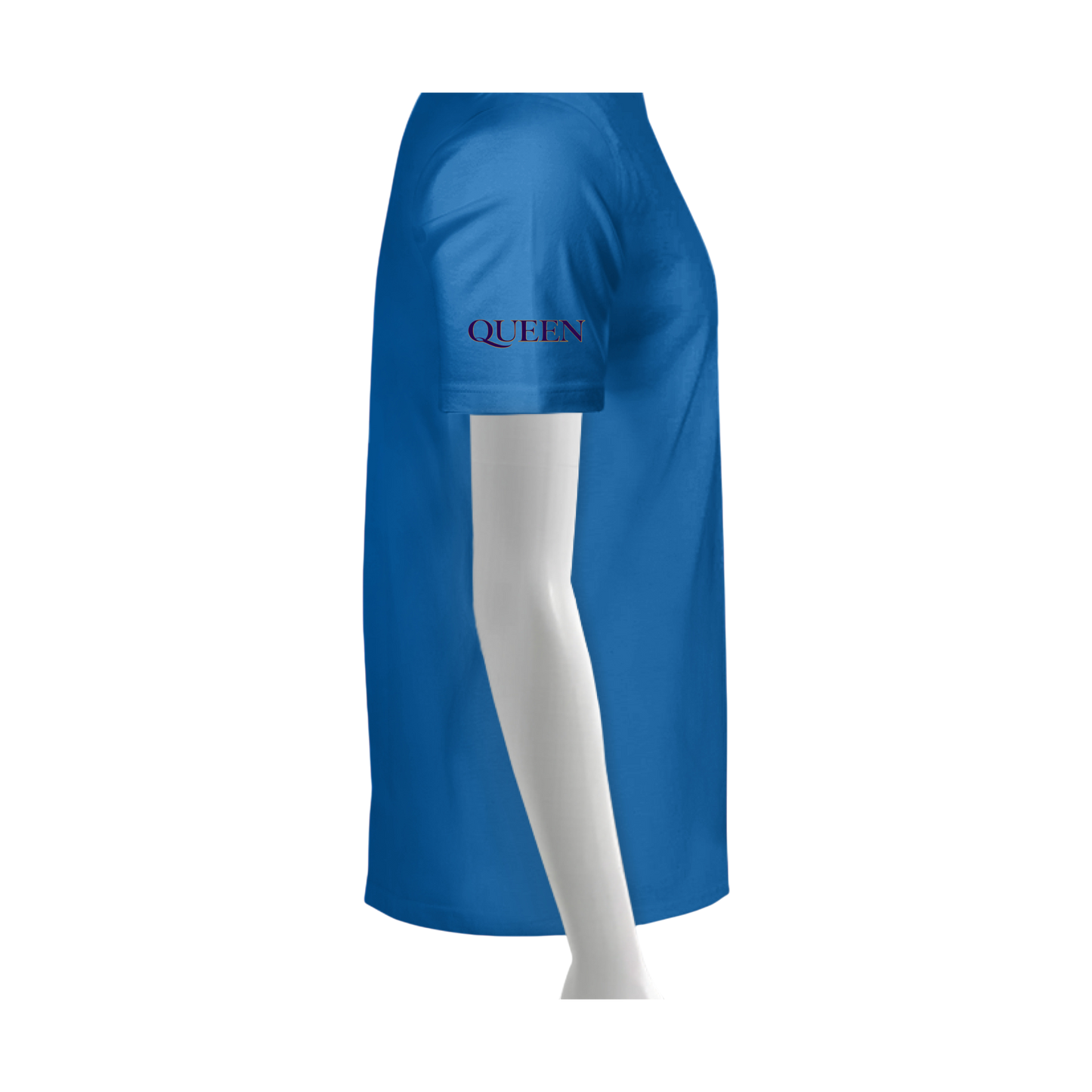 Blue t-shirt with 'QUEEN' text on a white background