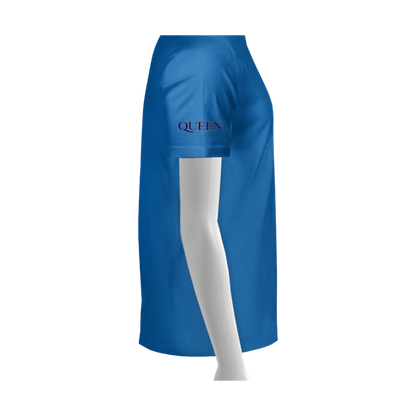 Blue t-shirt with 'QUEEN' text on a white background