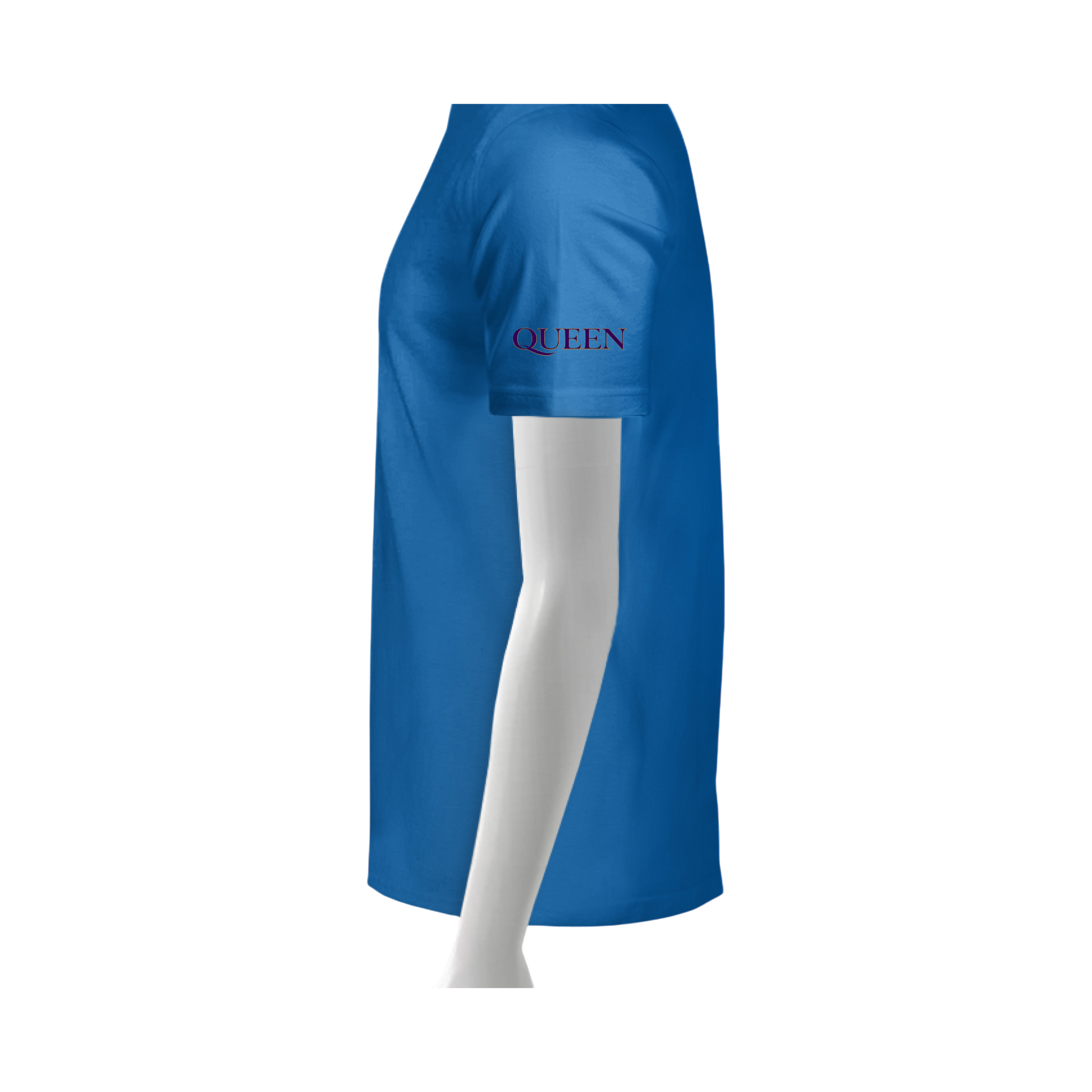 Blue cape with 'QUEEN' text on a white background