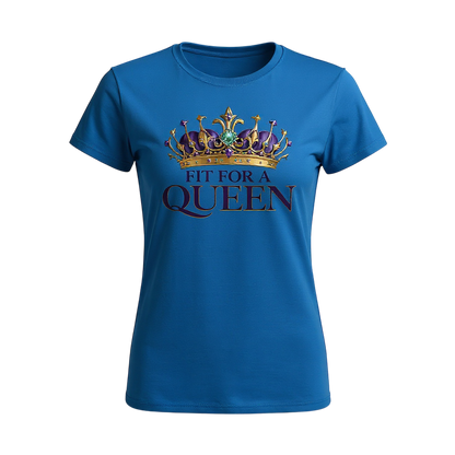 Blue t-shirt with a crown graphic and 'Fit for a Queen' text on a white background
