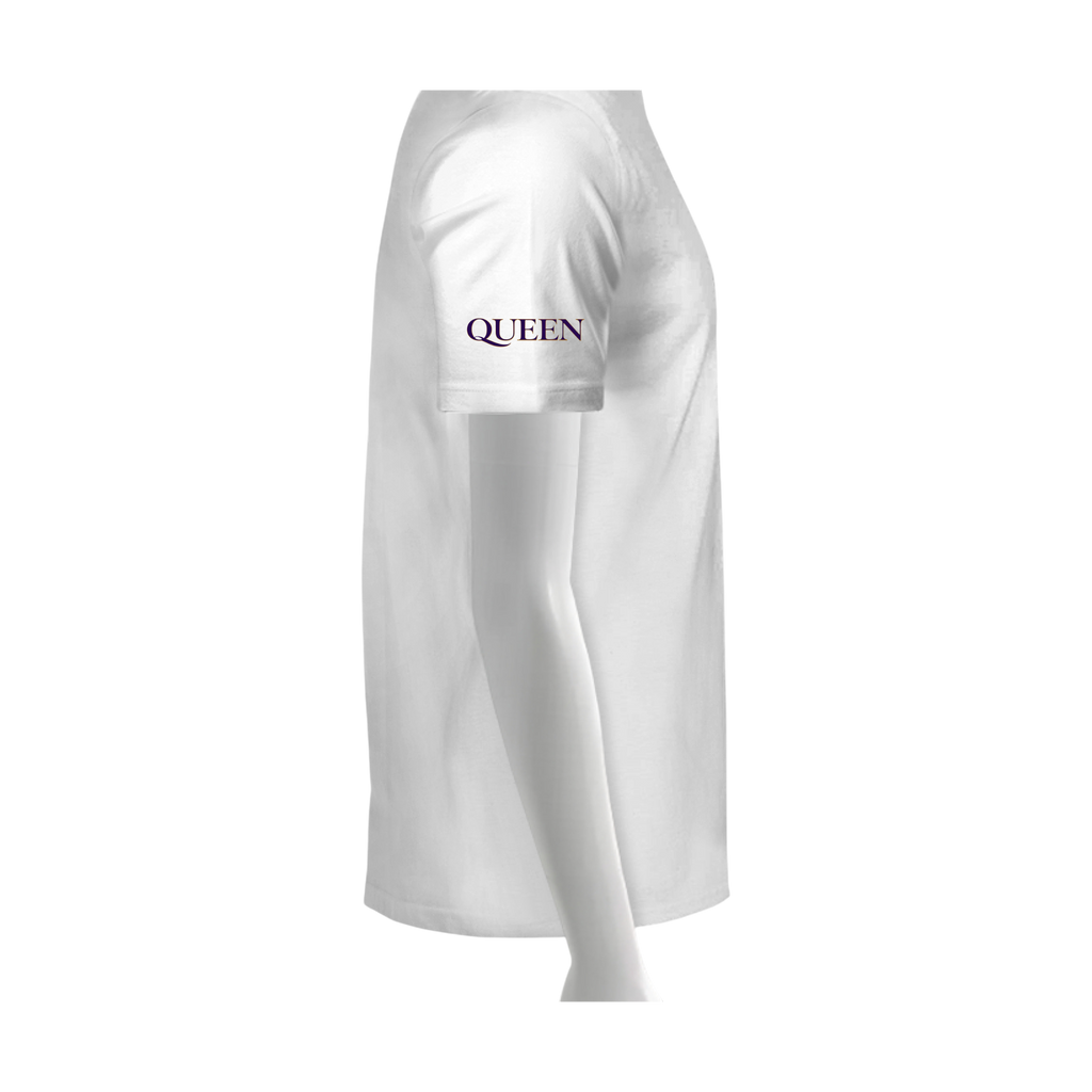 White long-sleeve shirt with 'QUEEN' logo on a white background