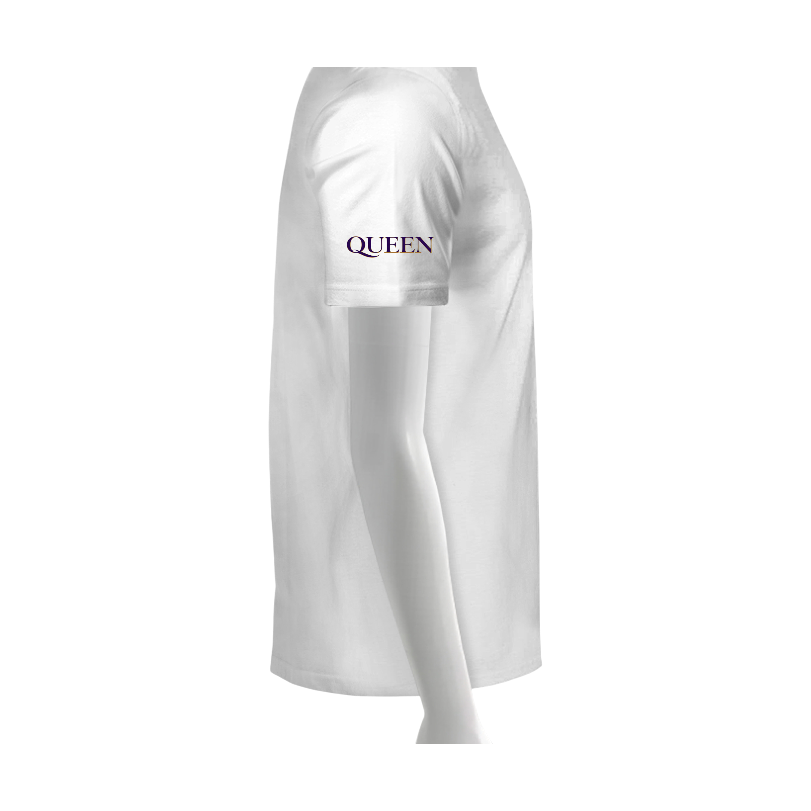 White long-sleeve shirt with 'QUEEN' logo on a white background