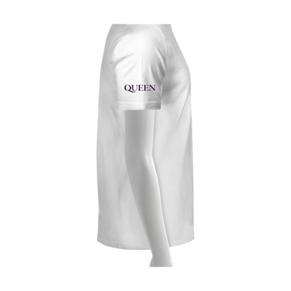 White long-sleeve shirt with 'QUEEN' logo on a white background