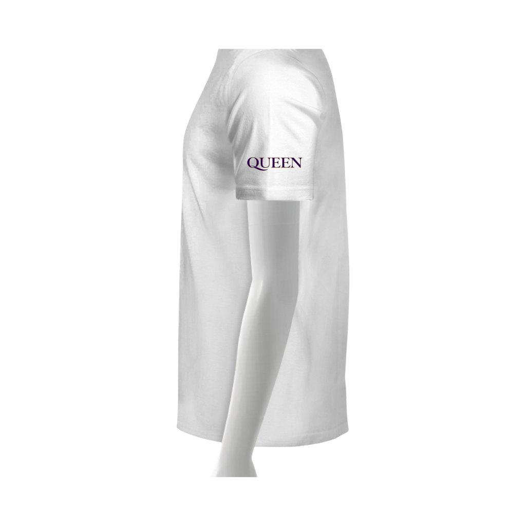 White long-sleeve shirt with 'QUEEN' printed on the sleeve against a white background