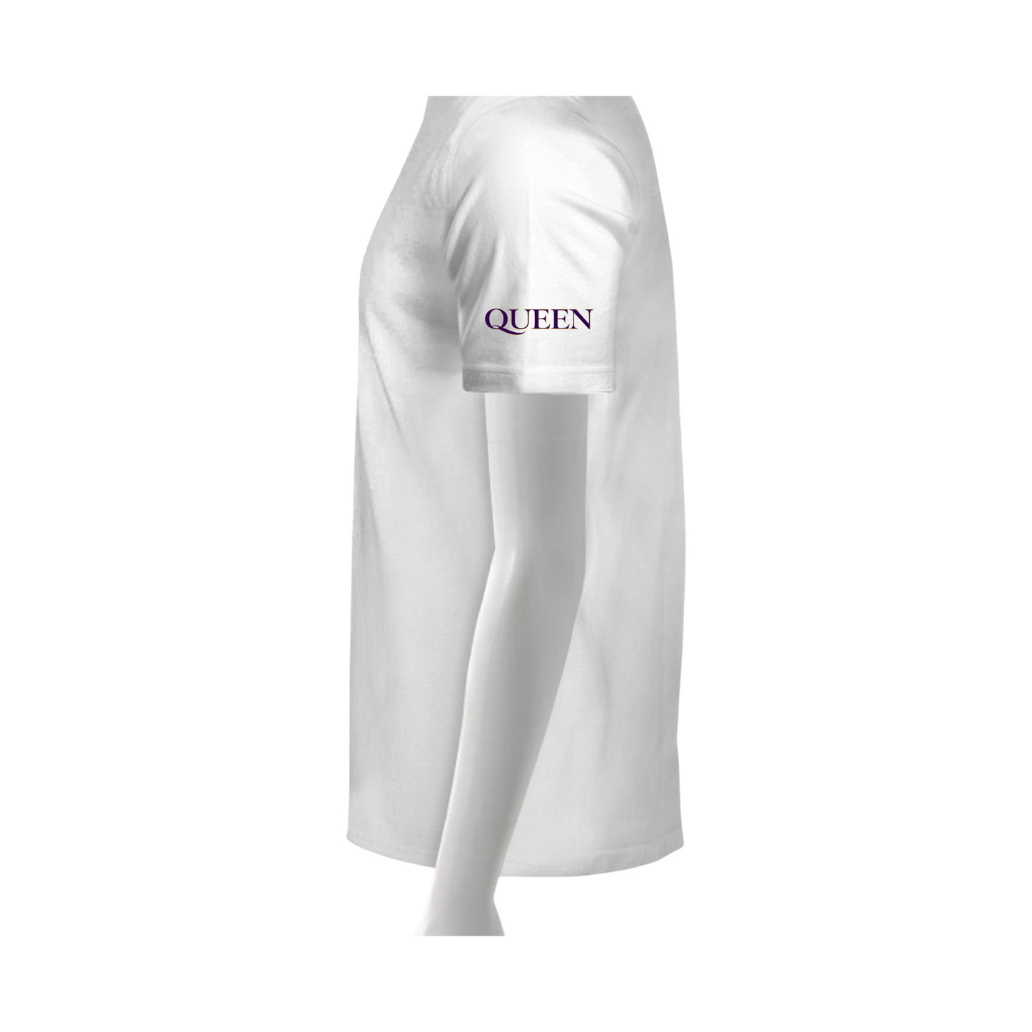 White long-sleeve shirt with 'QUEEN' printed on the sleeve against a white background