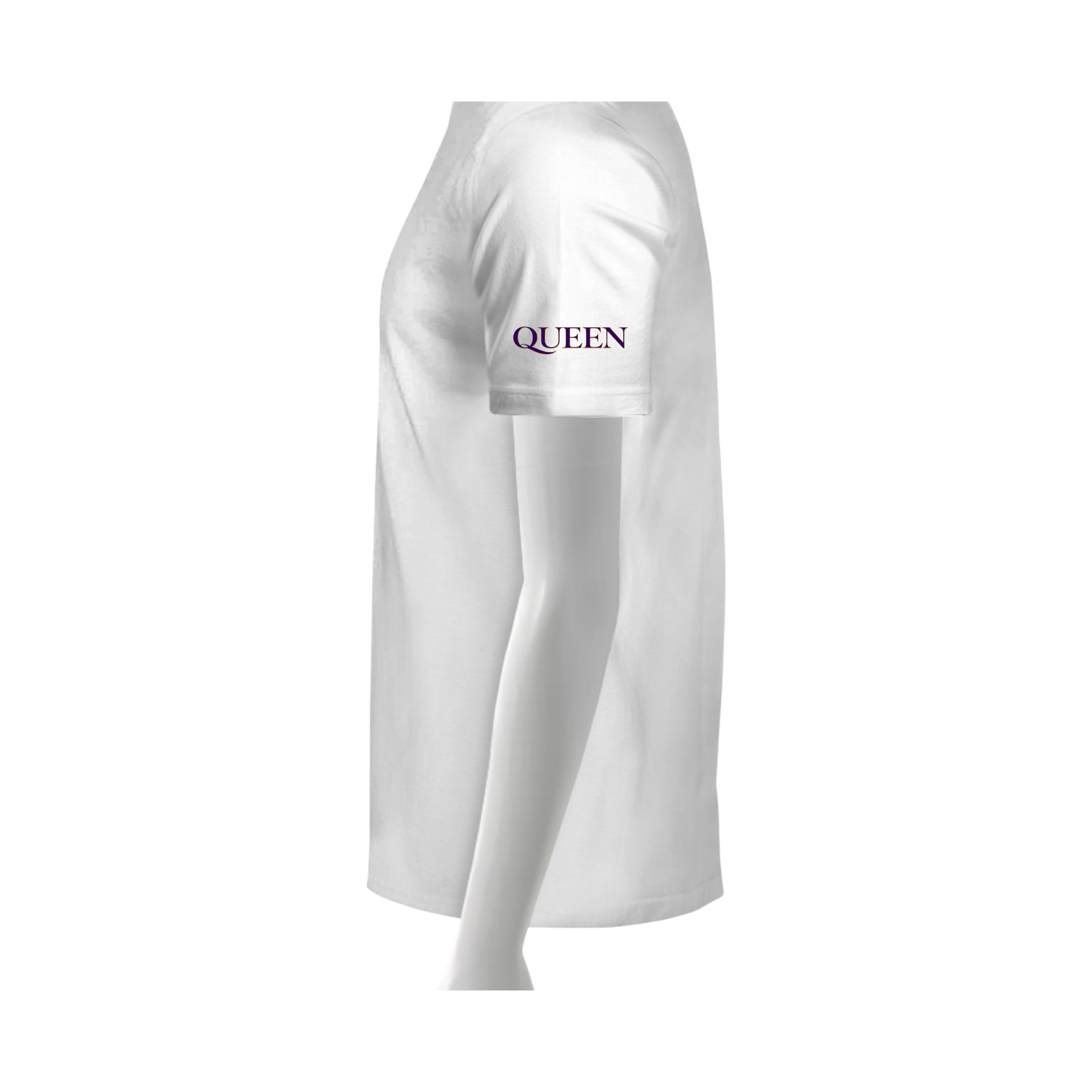 White long-sleeve shirt with 'QUEEN' printed on the sleeve against a white background