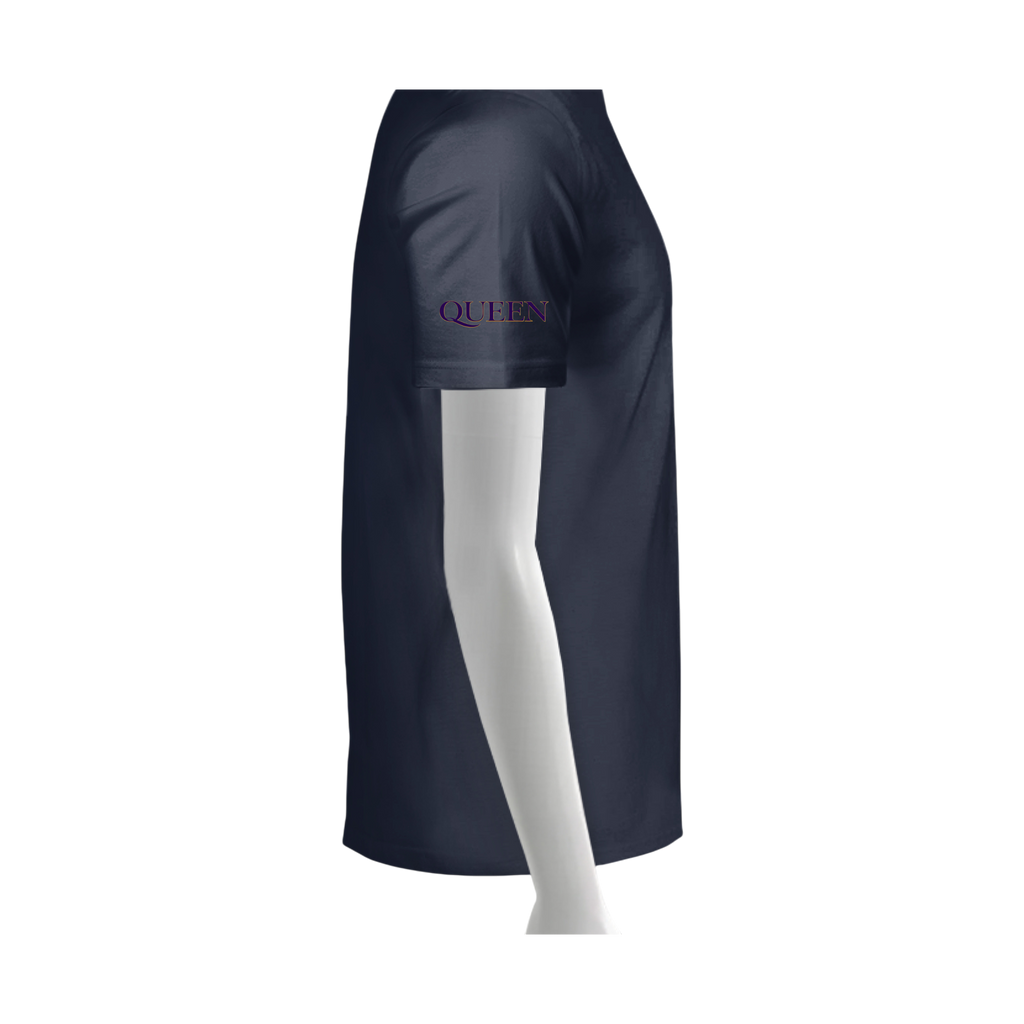 Navy blue skirt with 'QUEEN' text on a white background