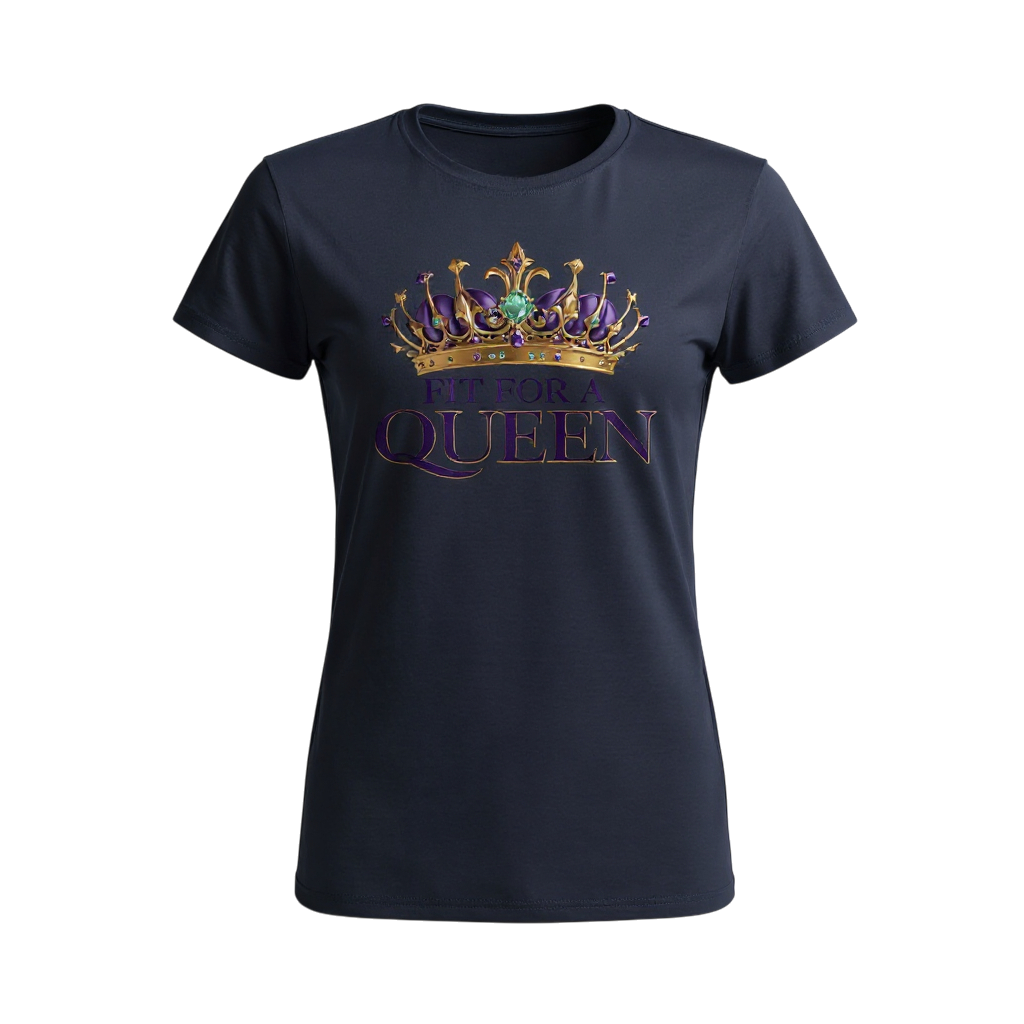 Navy blue t-shirt with a crown and 'Pimp for a Queen' text design on a white background