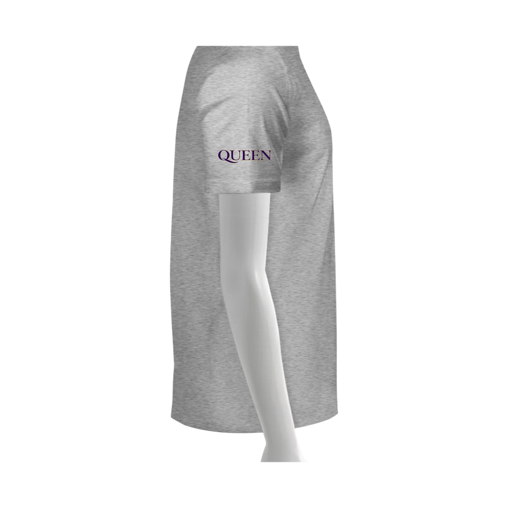 Gray t-shirt with 'QUEEN' text on a white background