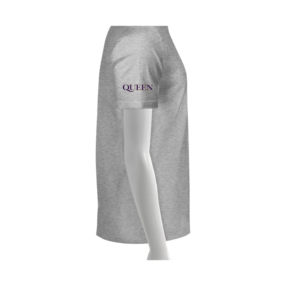 Gray t-shirt with 'QUEEN' text on a white background