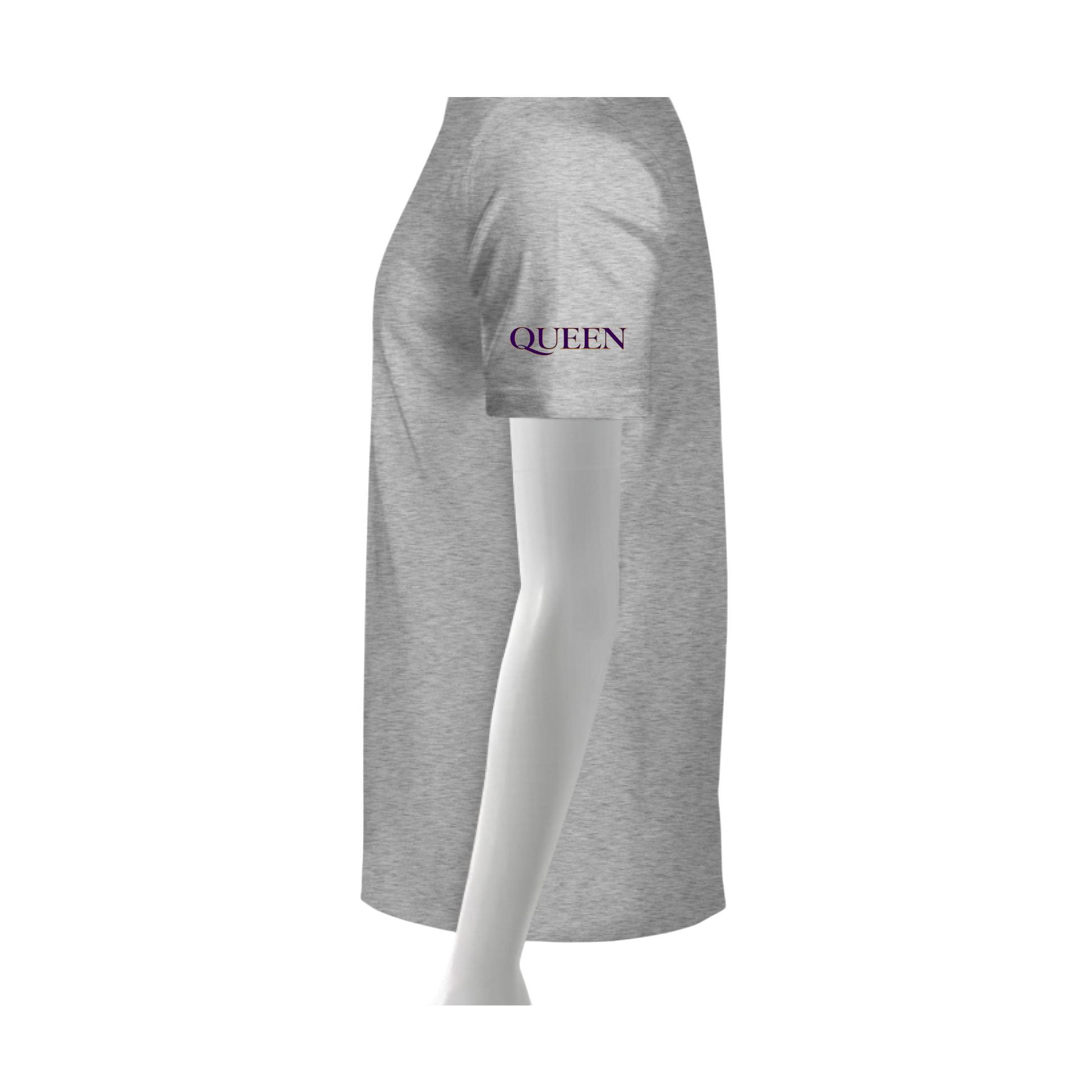 Gray t-shirt with 'QUEEN' text on a white background