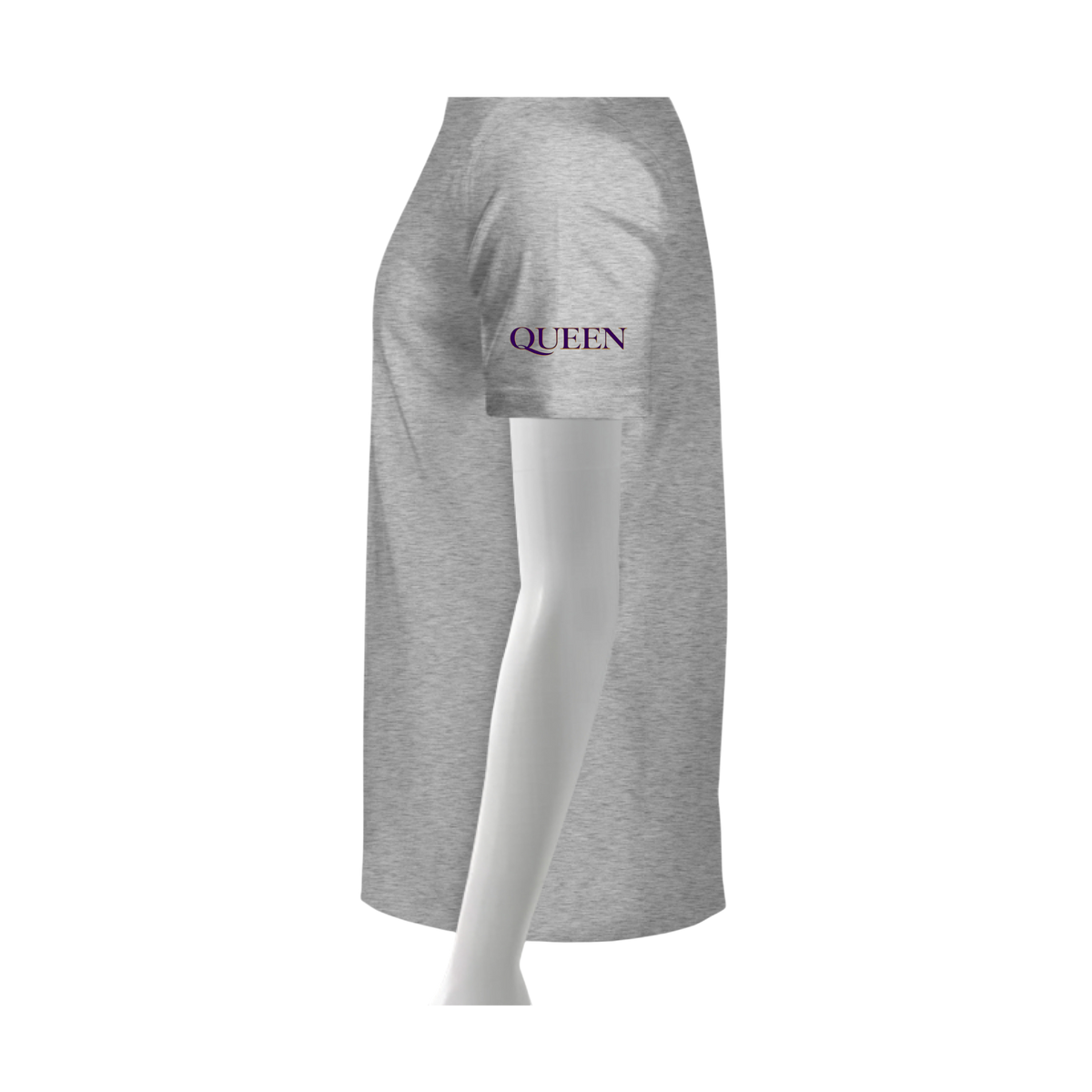 Gray t-shirt with 'QUEEN' text on a white background