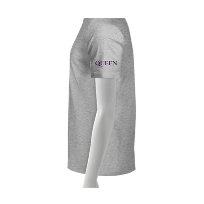 Gray t-shirt with 'QUEEN' text on a white background