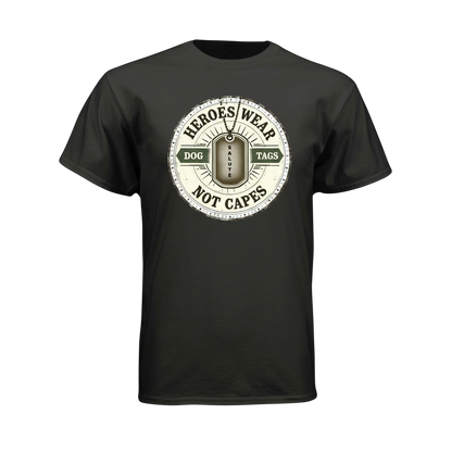 Black t-shirt with a circular design featuring text and a dog tag graphic on a white background.