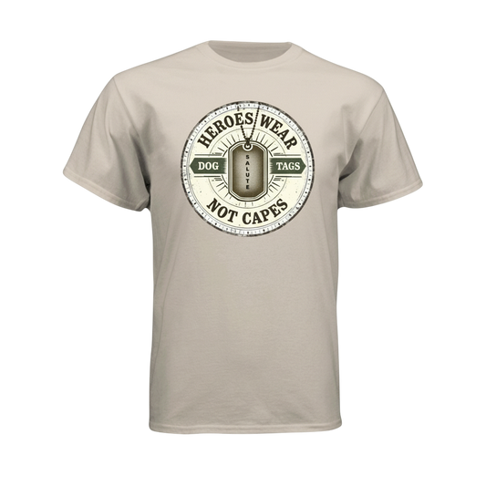 Beige t-shirt with 'Heroes Wear Dog Tags Not Capes' graphic on a white background
