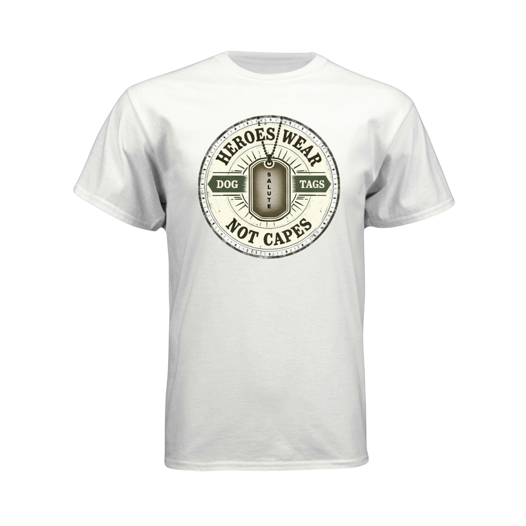 White t-shirt with 'Heroes Wear Dog Tags Not Capes' design on a white background