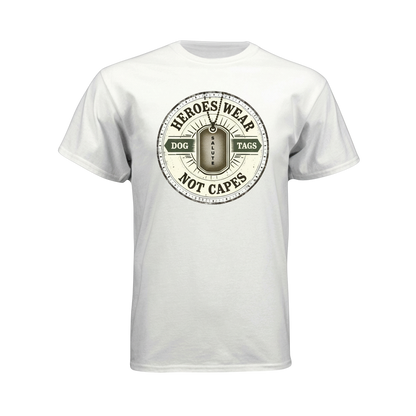White t-shirt with 'Heroes Wear Dog Tags Not Capes' design on a white background