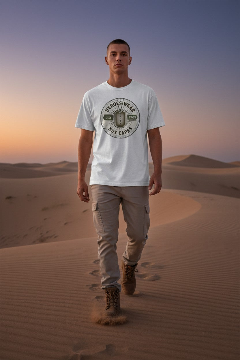 Person wearing a white t-shirt with a logo in a desert setting