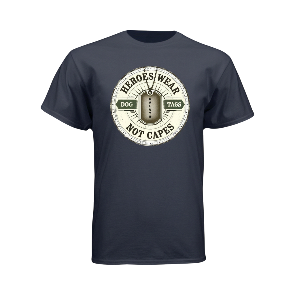 Navy blue t-shirt with a circular graphic and text on a white background