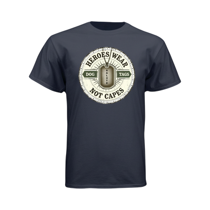 Navy blue t-shirt with a circular graphic and text on a white background