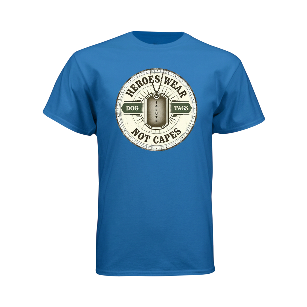 Blue t-shirt with a circular graphic and text on a white background