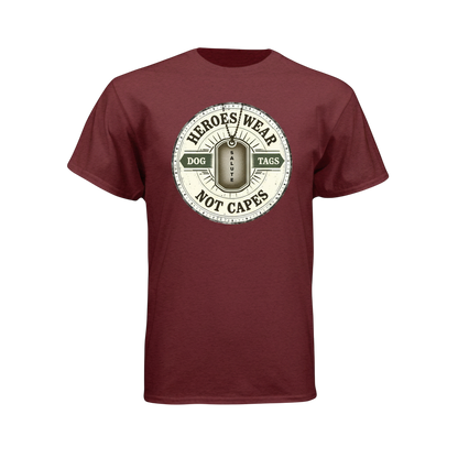 Maroon t-shirt with a graphic design on a white background