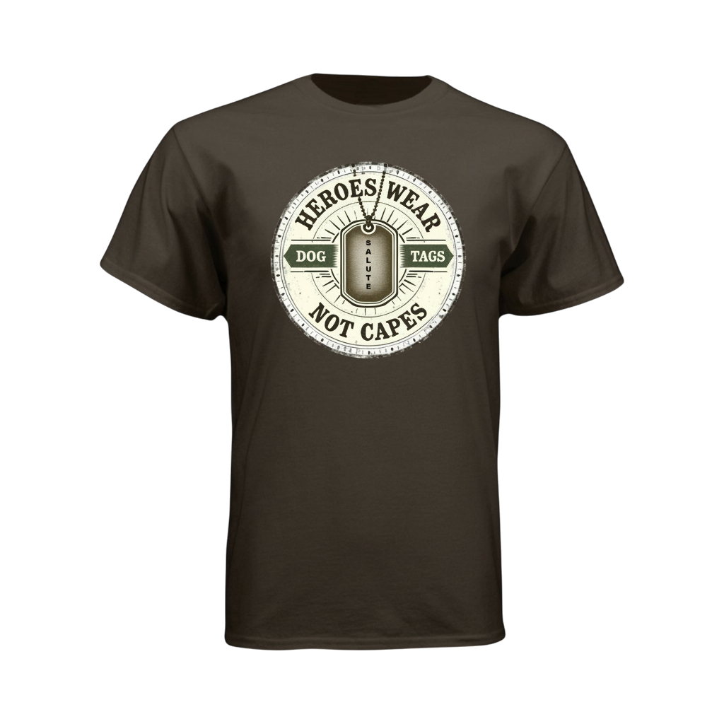 Brown t-shirt with a circular graphic and text on a white background