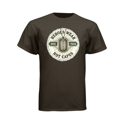 Brown t-shirt with a circular graphic and text on a white background