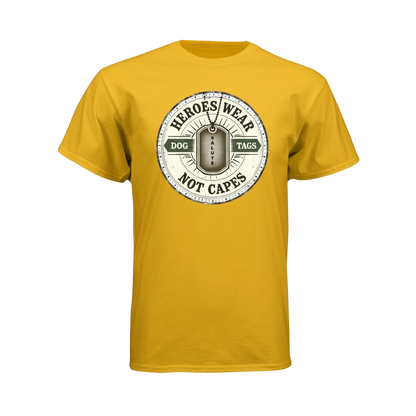 Yellow t-shirt with a graphic design on a white background