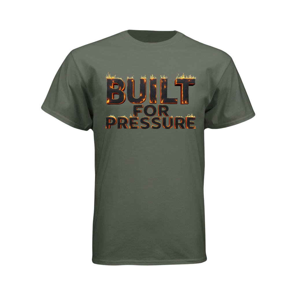Military Green t-shirt with 'BUILT FOR PRESSURE' text