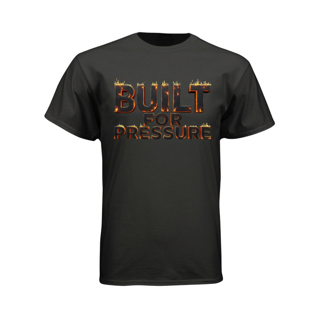 Black t-shirt with 'BUILT FOR PRESSURE' text 