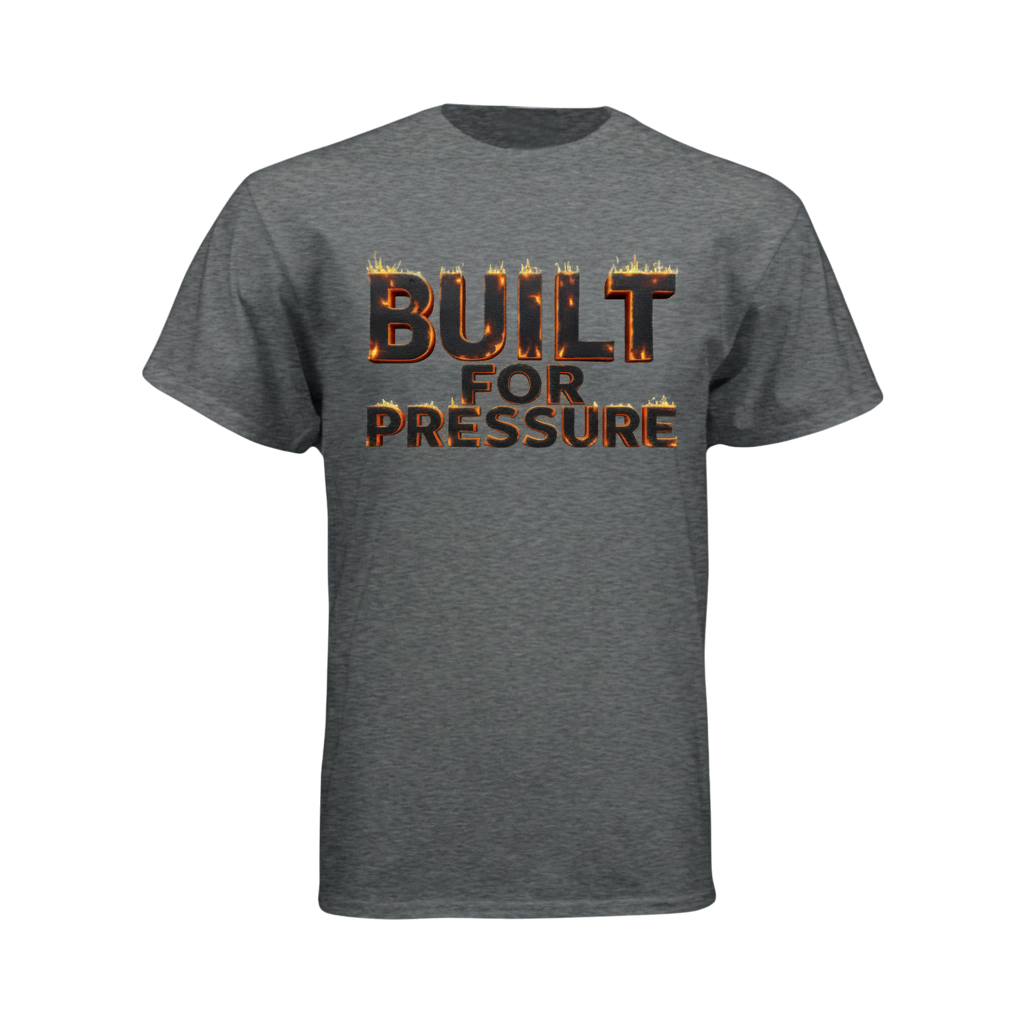 Gray t-shirt with 'Built for Pressure' text 
