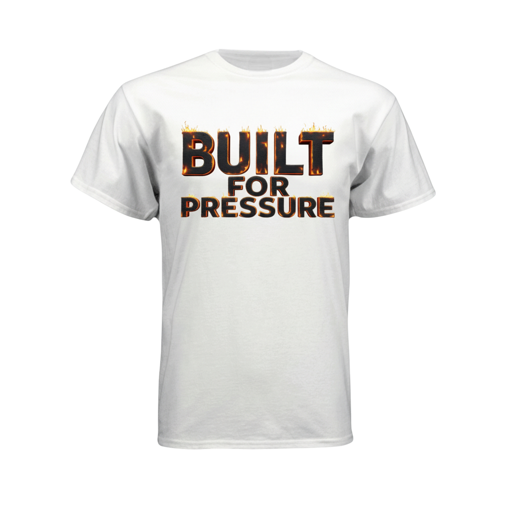 White t-shirt with 'BUILT FOR PRESSURE' text 