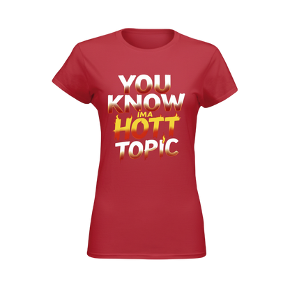 Red t-shirt with gold and white text on a white background