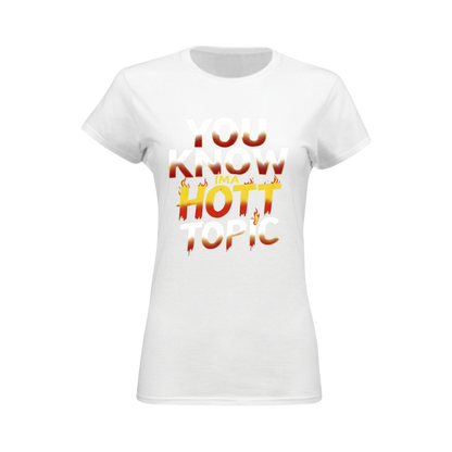 White t-shirt with colorful text design on a white background