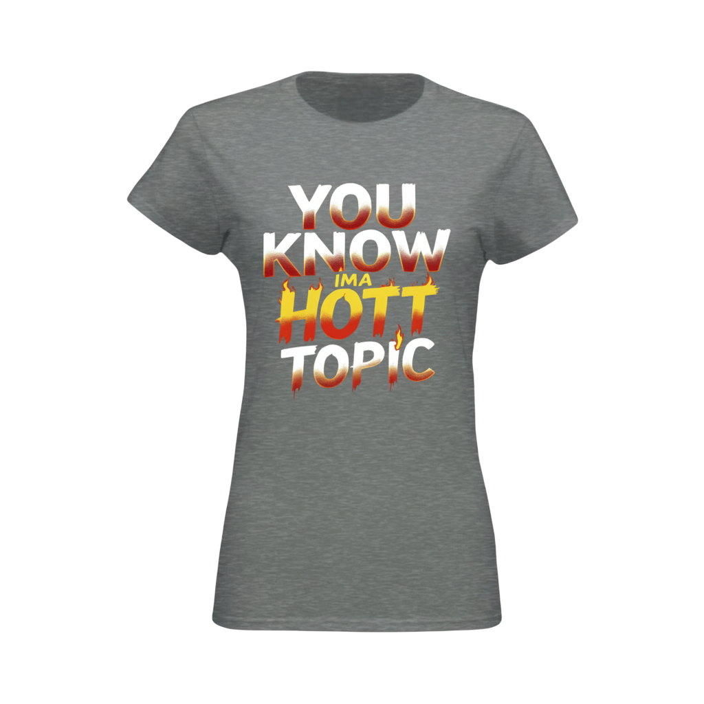 Gray t-shirt with colorful text design on a white background