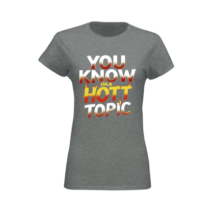 Gray t-shirt with colorful text design on a white background