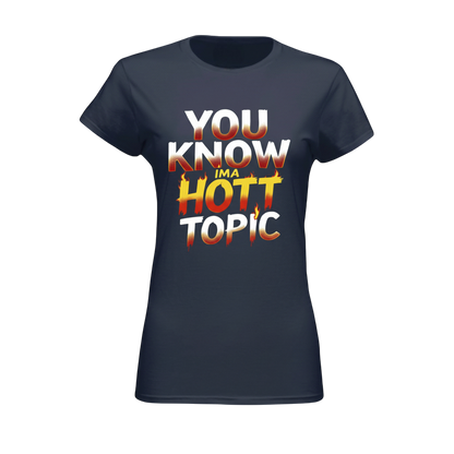 Navy blue t-shirt with colorful text design on a white background