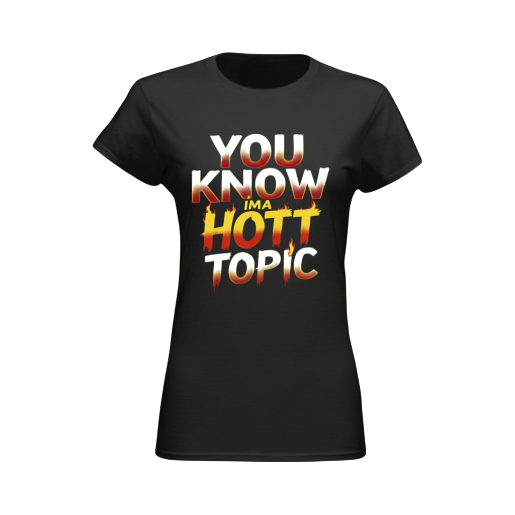 Black t-shirt with colorful text design on a white background