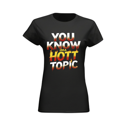 Black t-shirt with colorful text design on a white background