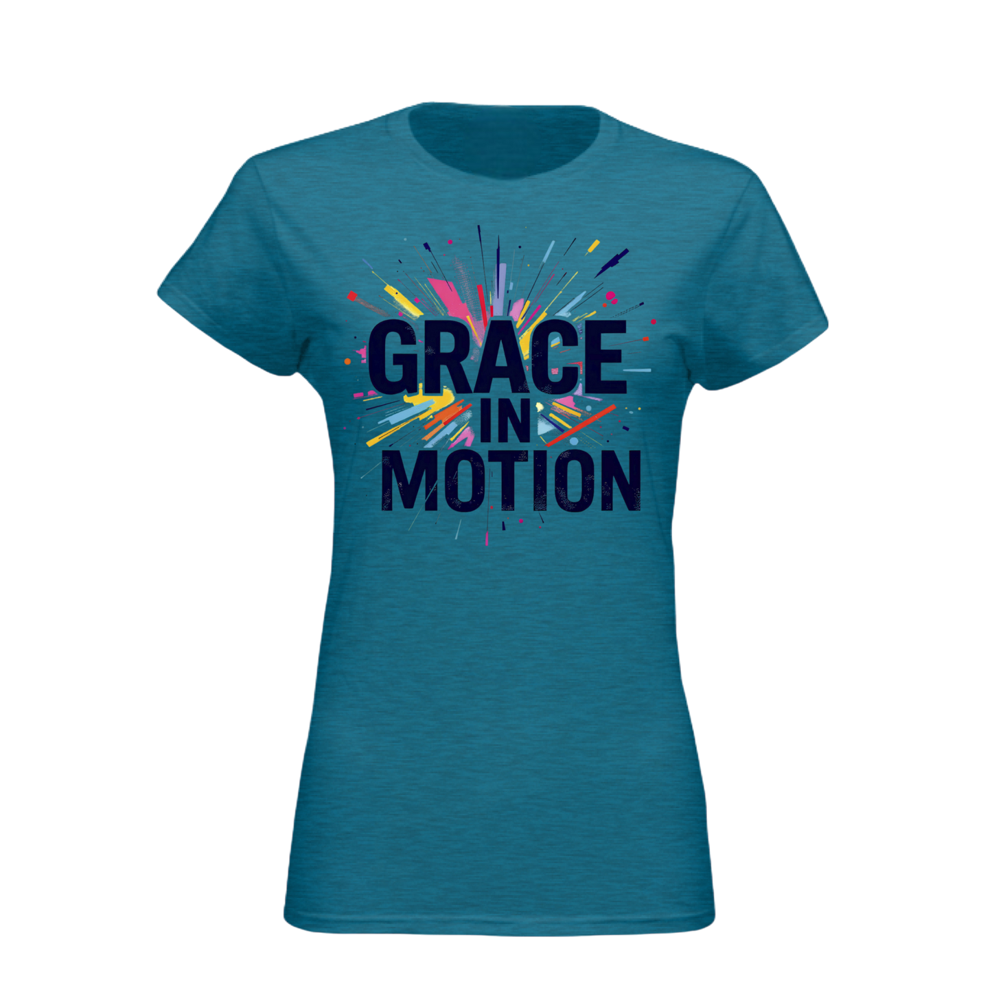 Blue t-shirt with 'Grace in Motion' text and colorful design on a white background