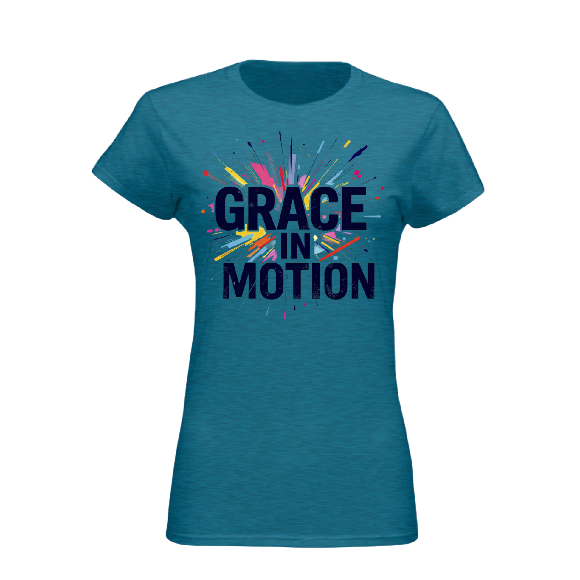 Blue t-shirt with 'Grace in Motion' text and colorful design on a white background