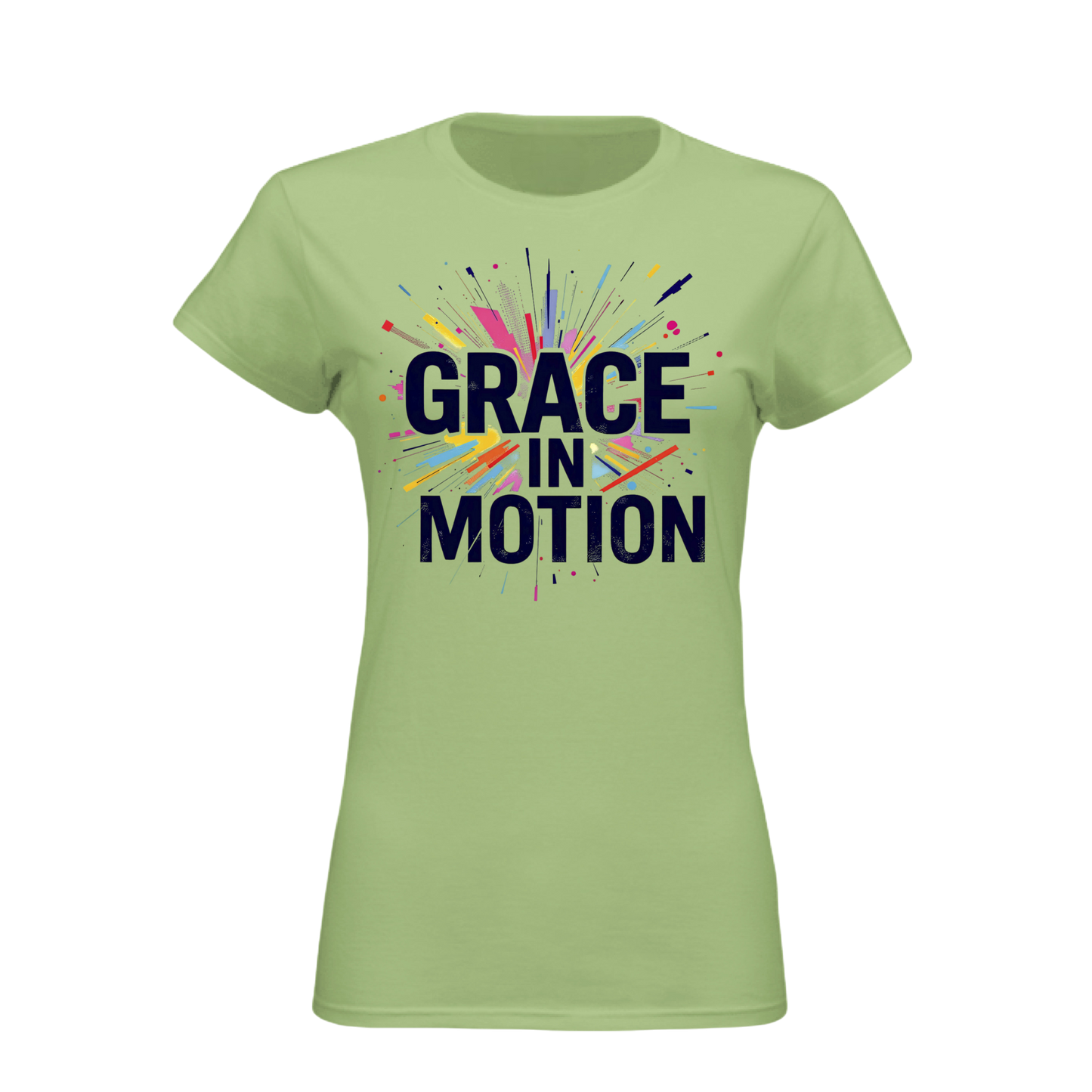 Light green t-shirt with 'Grace in Motion' text and colorful design on a white background