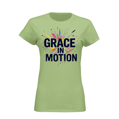Light green t-shirt with 'Grace in Motion' text and colorful design on a white background