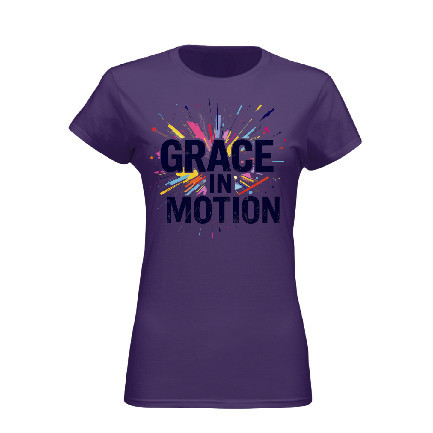 Purple t-shirt with 'Grace in Motion' text and colorful design on a white background