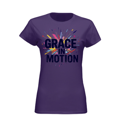 Purple t-shirt with 'Grace in Motion' text and colorful design on a white background