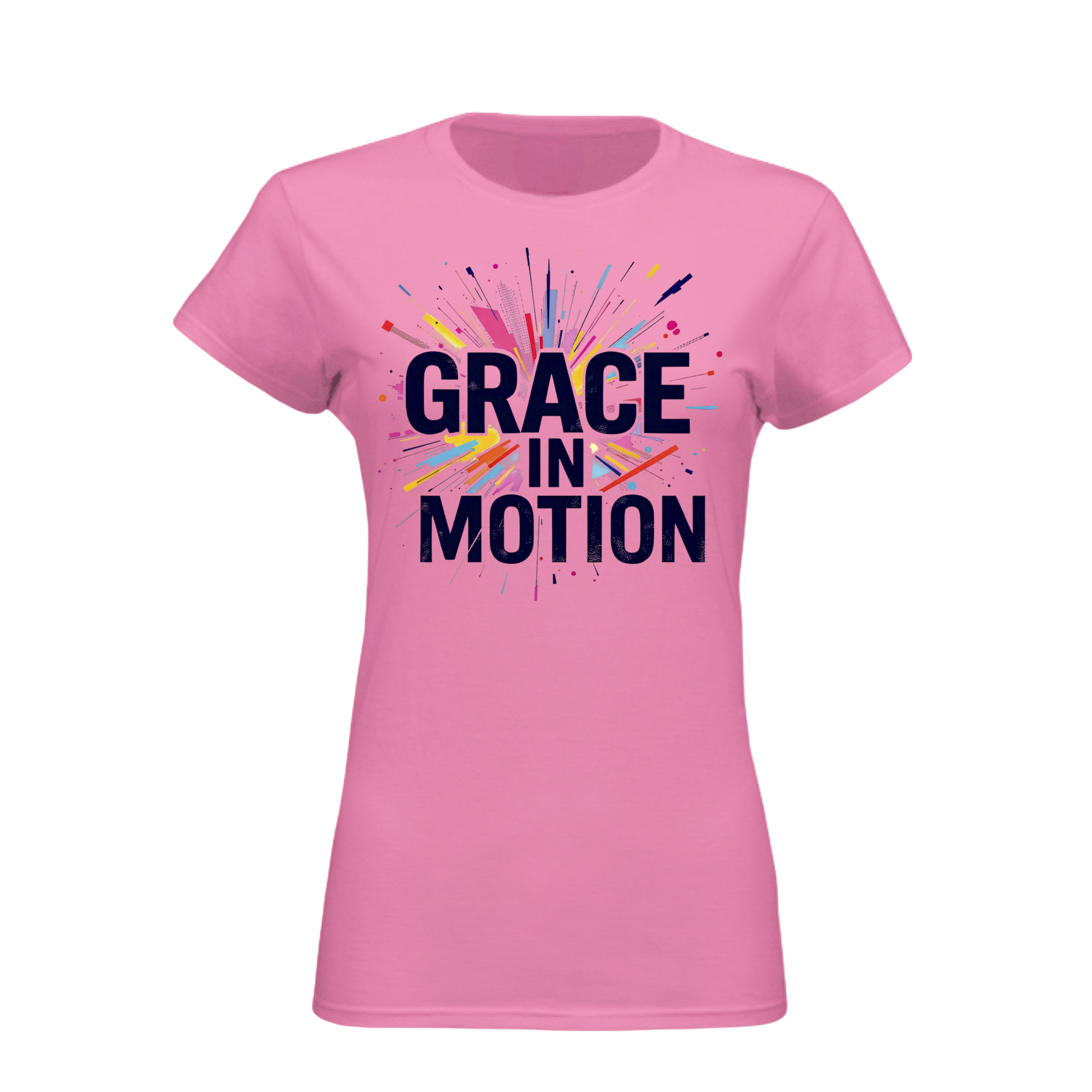 Pink t-shirt with 'Grace in Motion' text on a white background