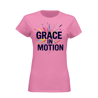 Pink t-shirt with 'Grace in Motion' text on a white background