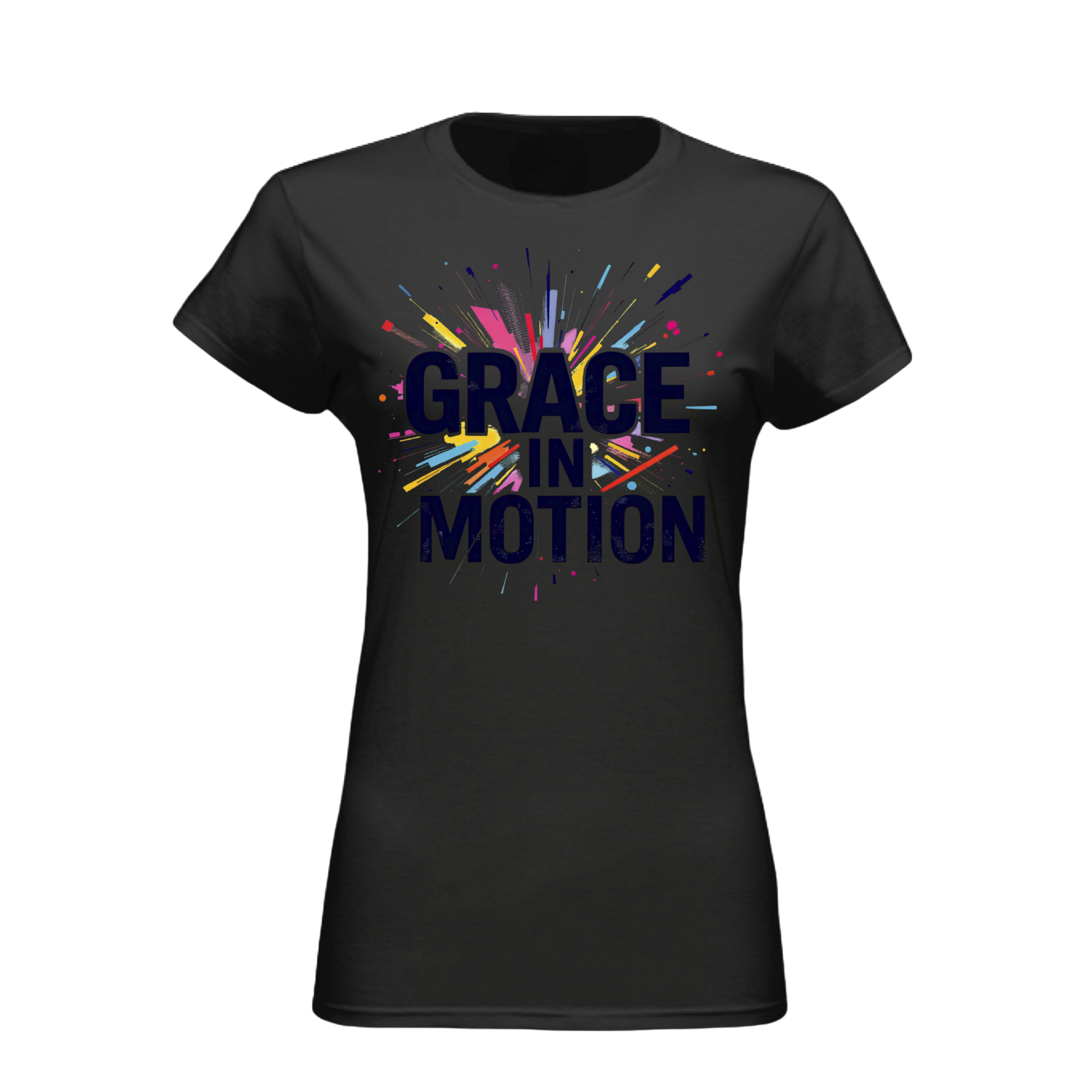 Black t-shirt with 'Grace in Motion' text and colorful design on a white background